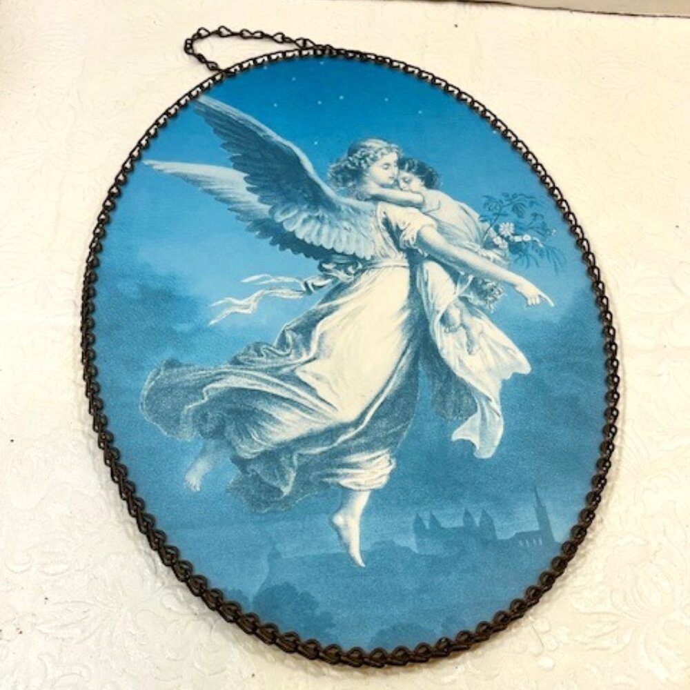 VTG Chain Framed Oval Angel & Child Printing Wall Hanging Picture 11.25"x8"